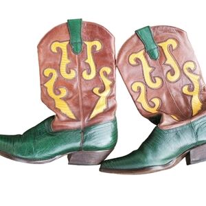 Nine West Womens Vintage Western Boots Green Brown Yellow Cowboy Sz 8.5 M